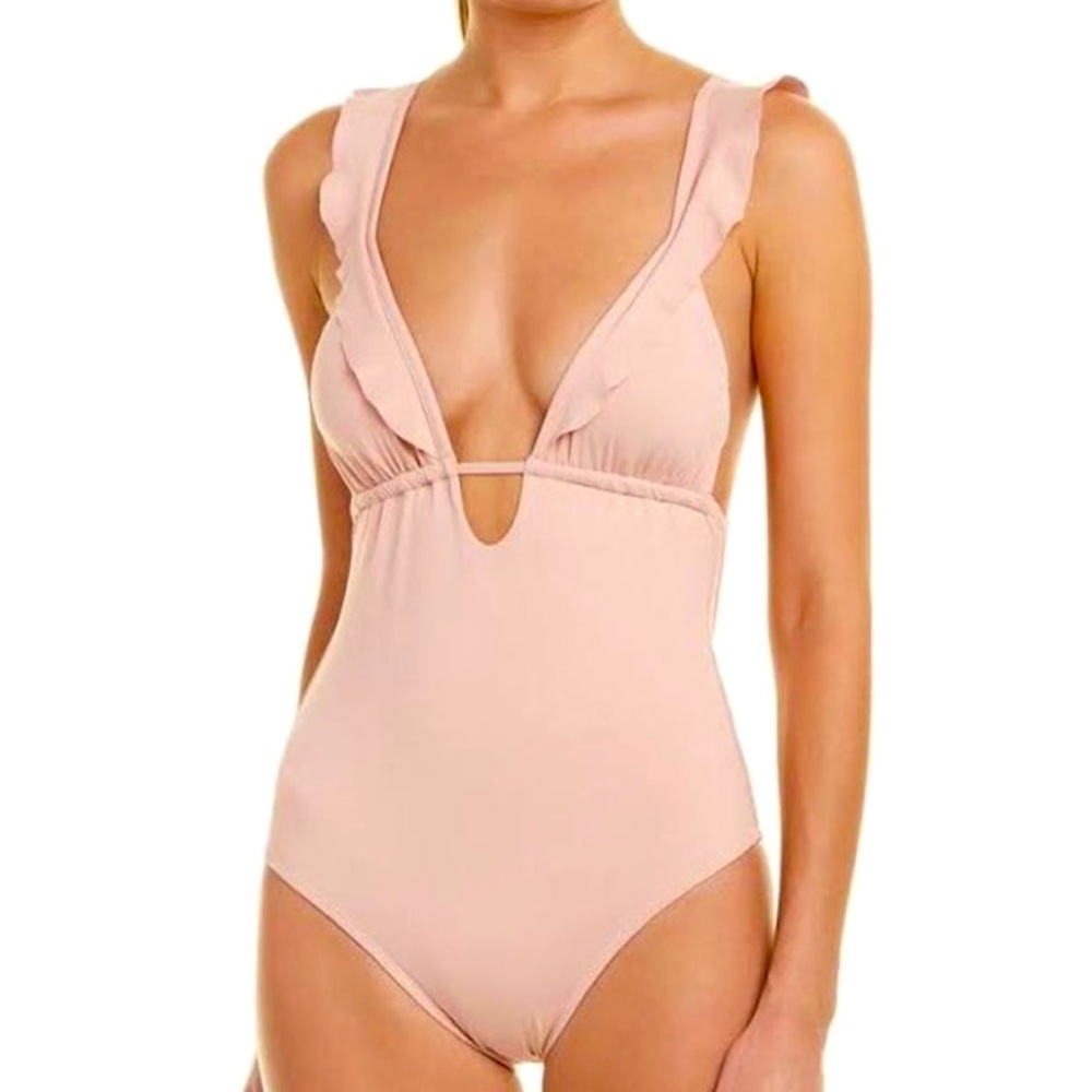 Anthropologie Pink Ruffle One Piece Swimsuit